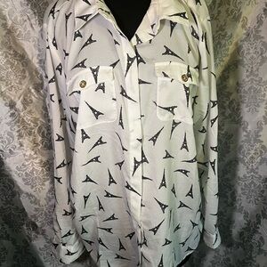 Karl Lagerfeld Whimsical Eiffel Tower Print Button Up Blouse